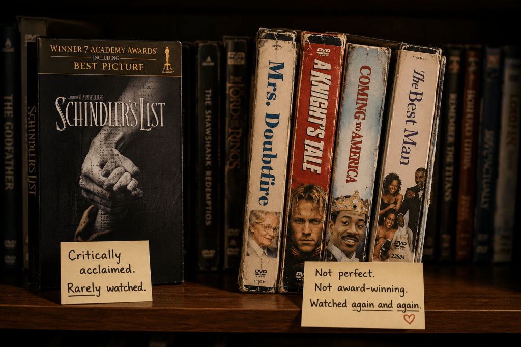 A movie shelf featuring one celebrated masterpiece and several visibly worn comfort movies. The image suggests that our favorite experiences are not always the most acclaimed—they are the ones that make us feel something worth returning to.