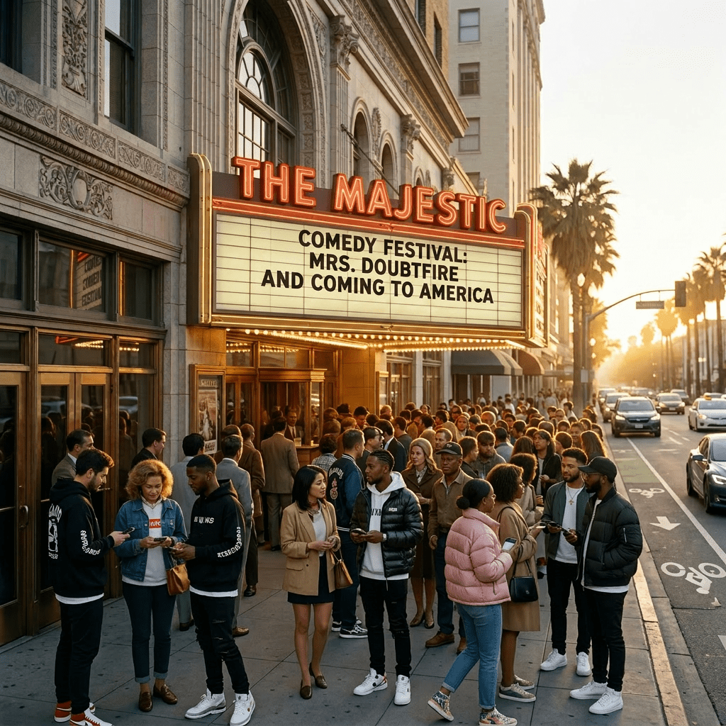 People in vintage clothing waiting outside The Majestic theater for Lawrence of Arabia and Gone with the Wind
